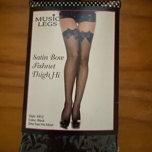Music Legs Black Satin Bow Fishnet Thigh High Stockings.